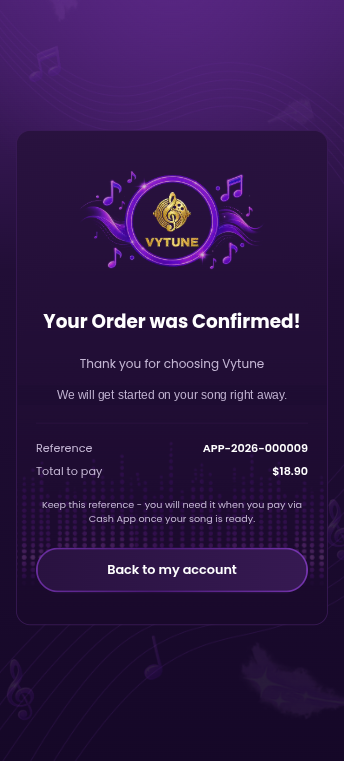 The VYTUNE order confirmation and my orders screens